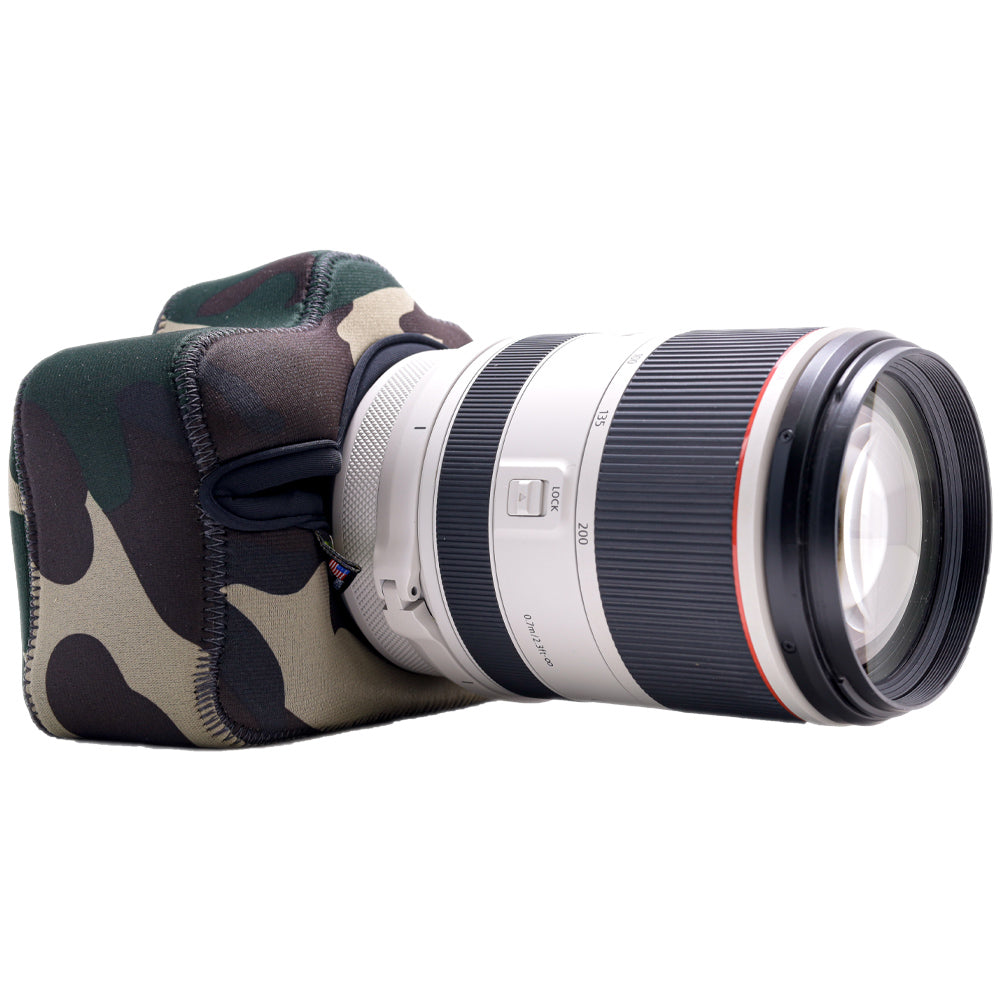 Camera lens with camouflage case on a white background