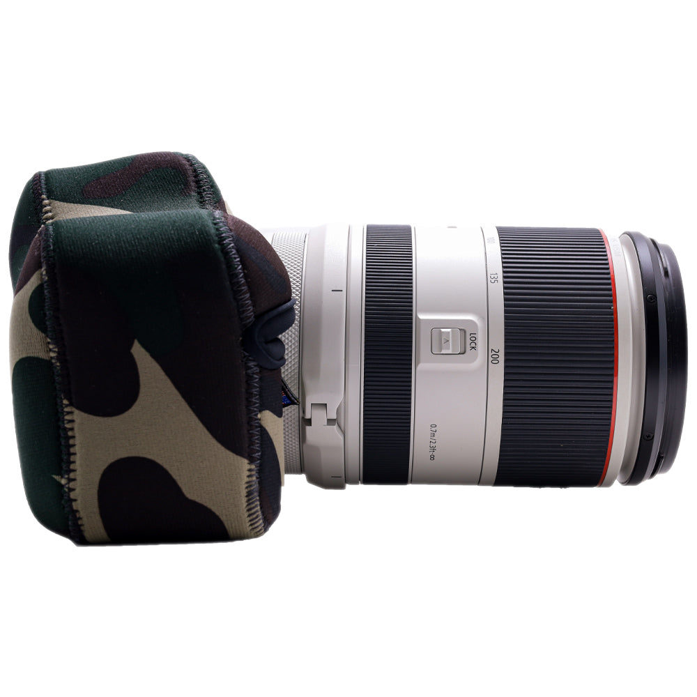 Camera lens with a camouflage lens cover on a white background