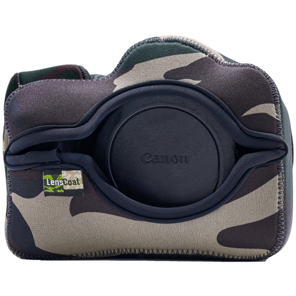 Camouflage camera lens cover with Canon logo on a white background