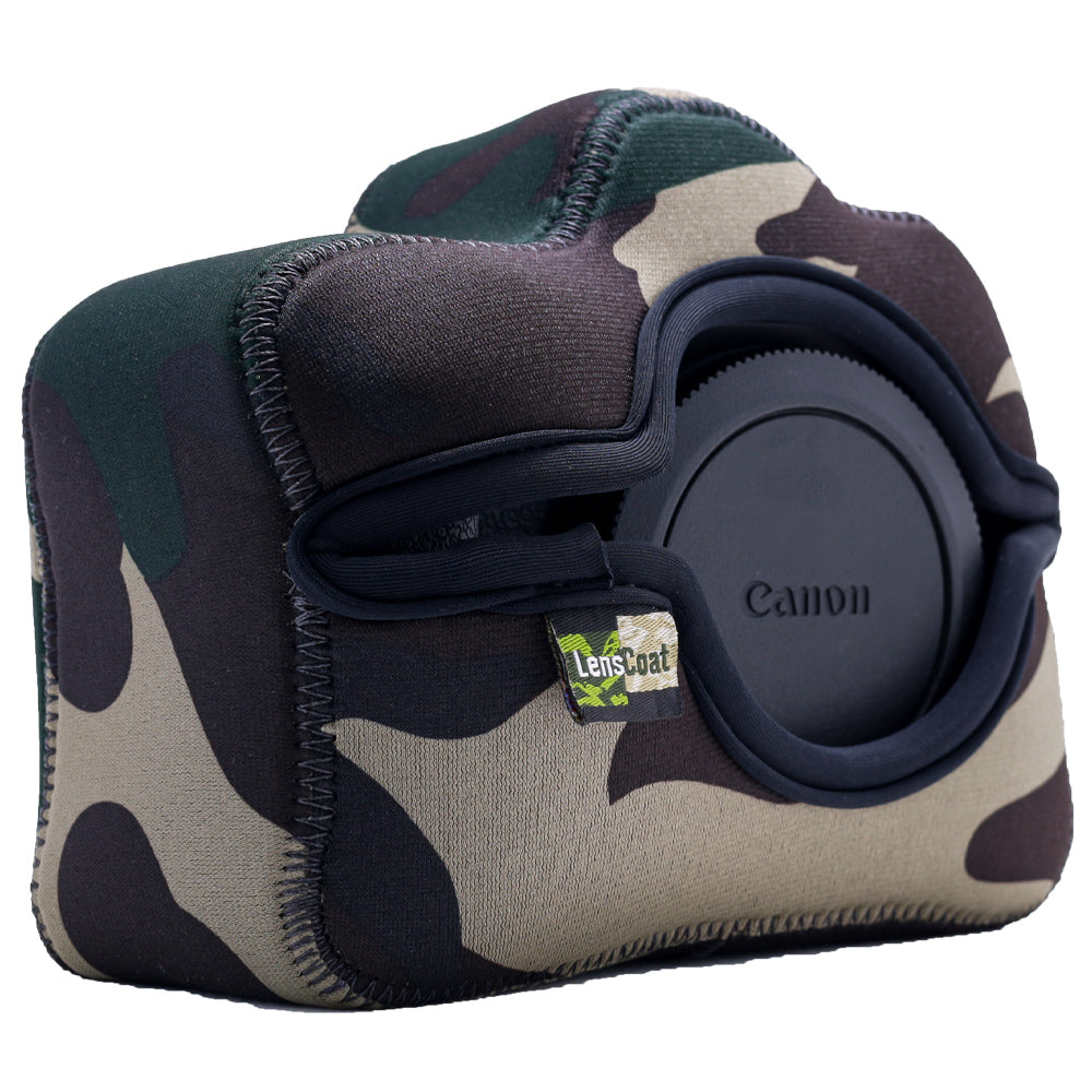 Camouflage camera case with Canon logo on a white background
