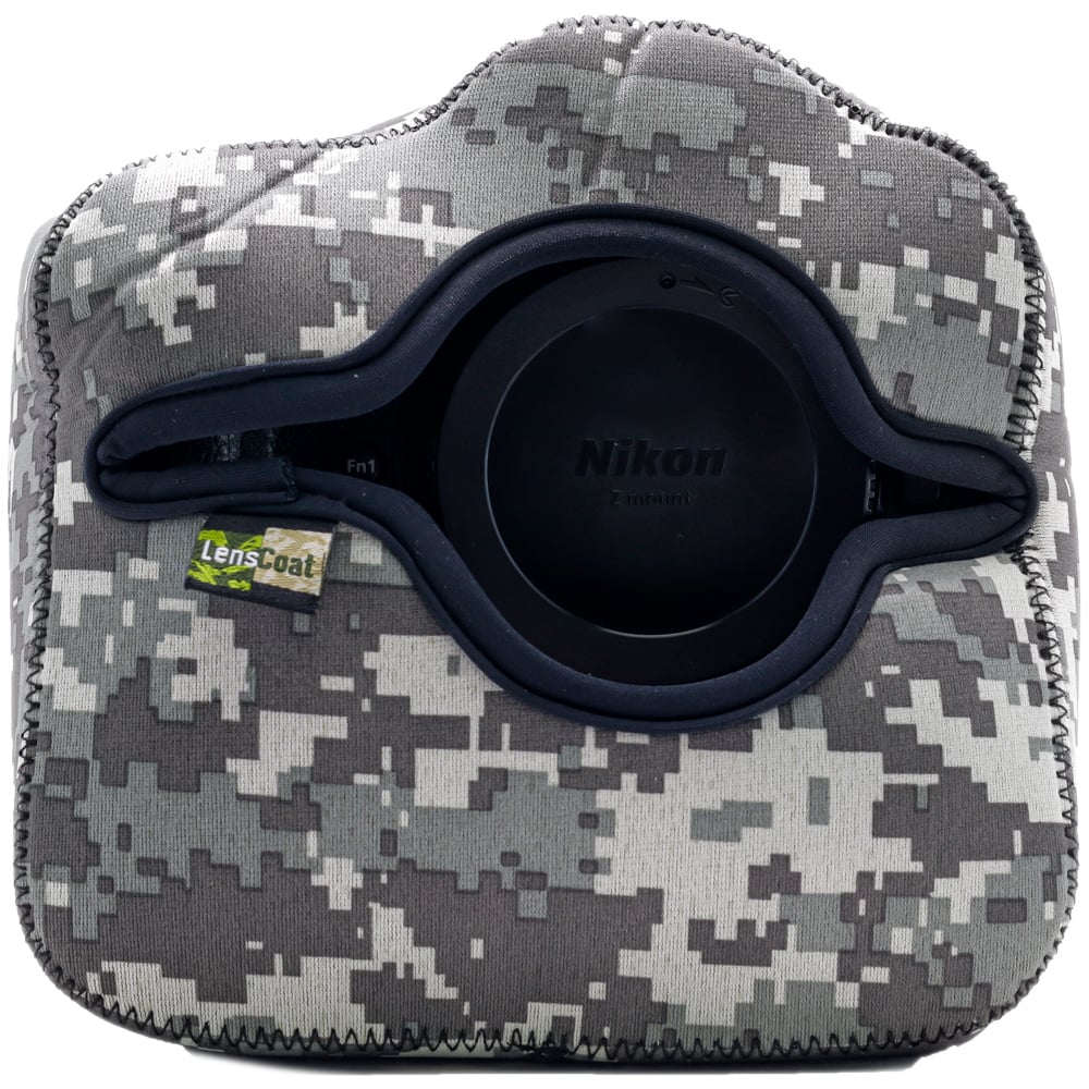 Camouflage camera lens case with Nikon logo on a white background