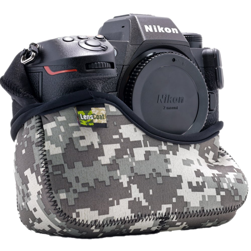 Nikon camera with a camouflage case on a white background