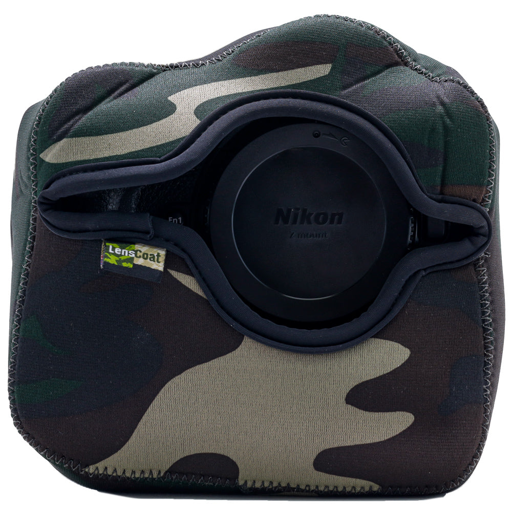 Camouflage camera lens case with Nikon branding on a white background