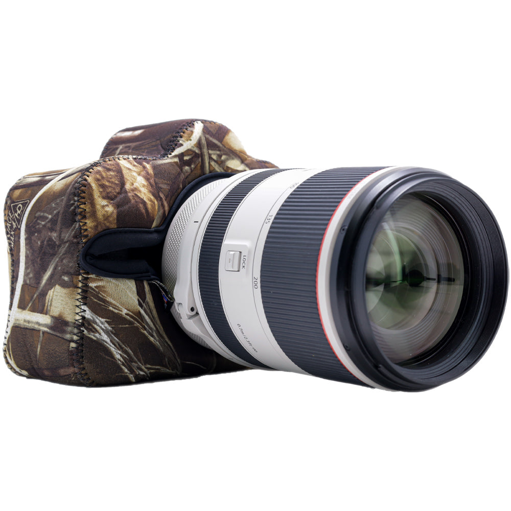 Camera lens with camouflage cover on a white background