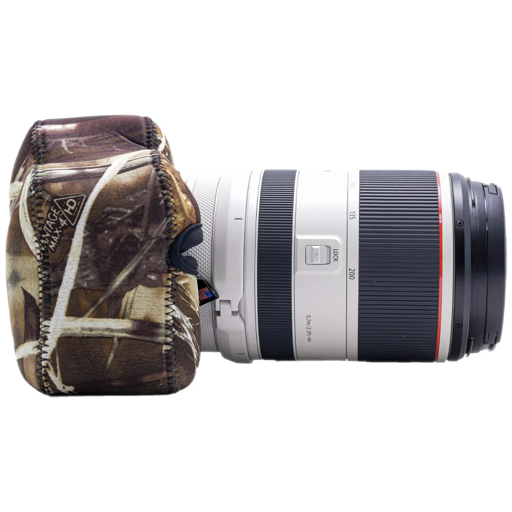 Camera lens with a camouflage lens cover on a white background