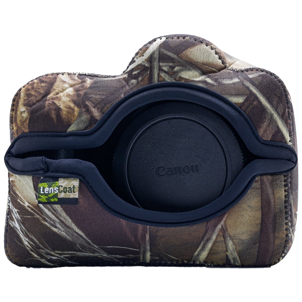 Camouflage camera case with Canon lens and LensCoat logo on a white background