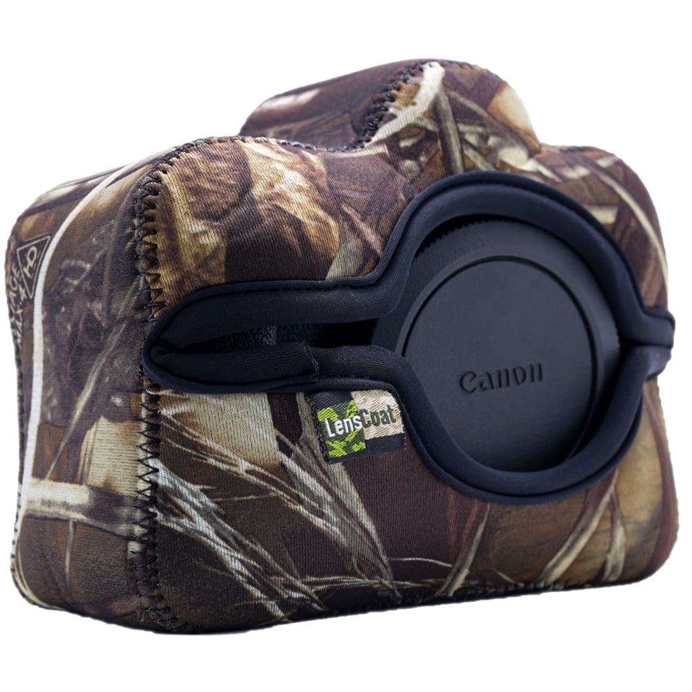 Camouflage camera case with Canon logo on a white background