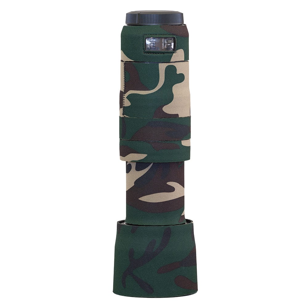LensCoat cover for Canon RF 100-400mm f/5.6-8 IS lens – provides camouflage, protection, and insulation in Forest Green Camo pattern.