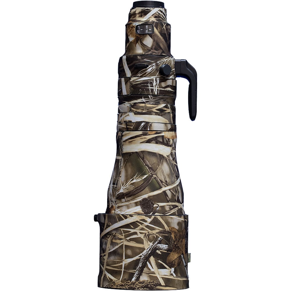 LensCoat camouflage cover in Realtree Max 4 for Nikon Z 600mm TC VR S lens, offering protection and concealment for outdoor photography.