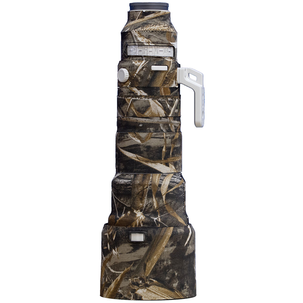 LensCoat Realtree Max5 camo cover for Sony FE 400-800mm lens with clear control windows.