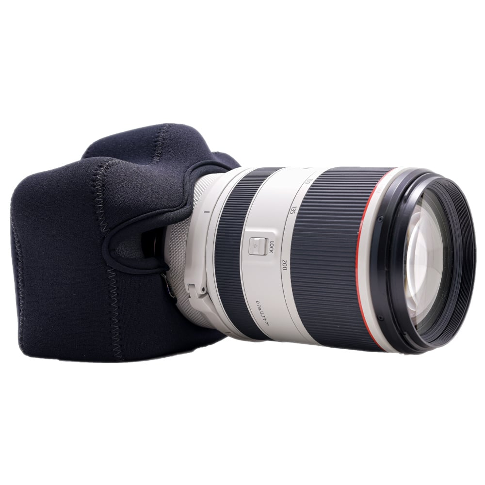 Camera lens with a black lens cap on a white background