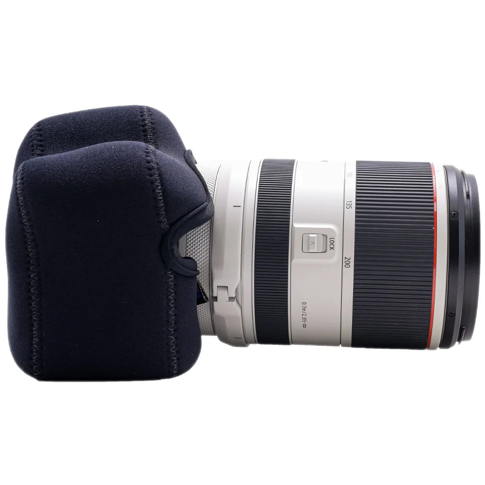 Camera lens with a black neoprene lens cap on a white background