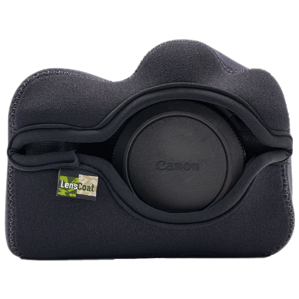 Black camera lens with Canon branding in a protective case on a white background