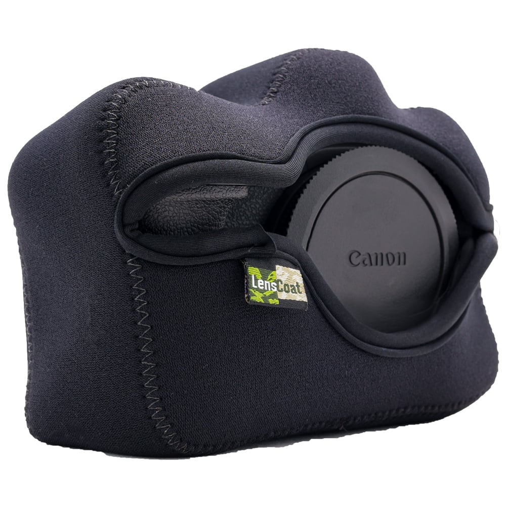 Black camera lens cover with Canon logo on a white background