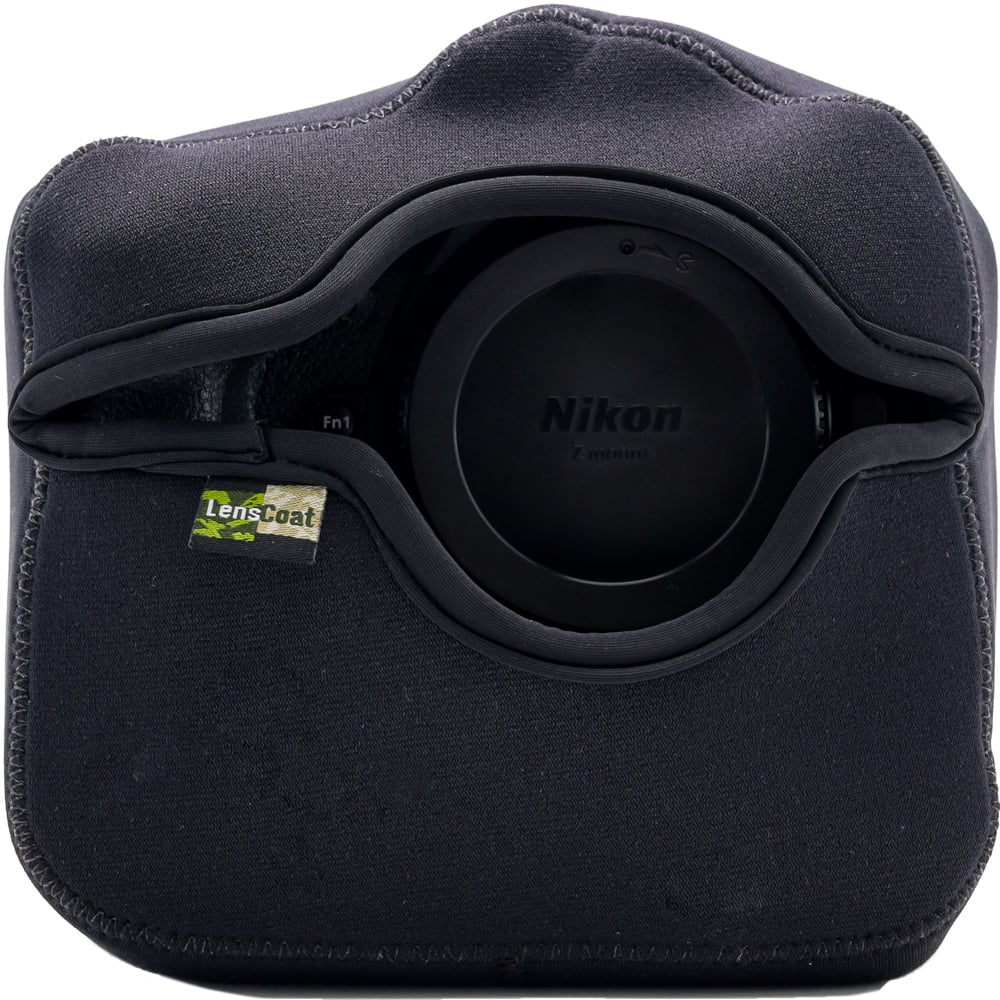 Black camera case with Nikon logo and LensCoat label on a white background