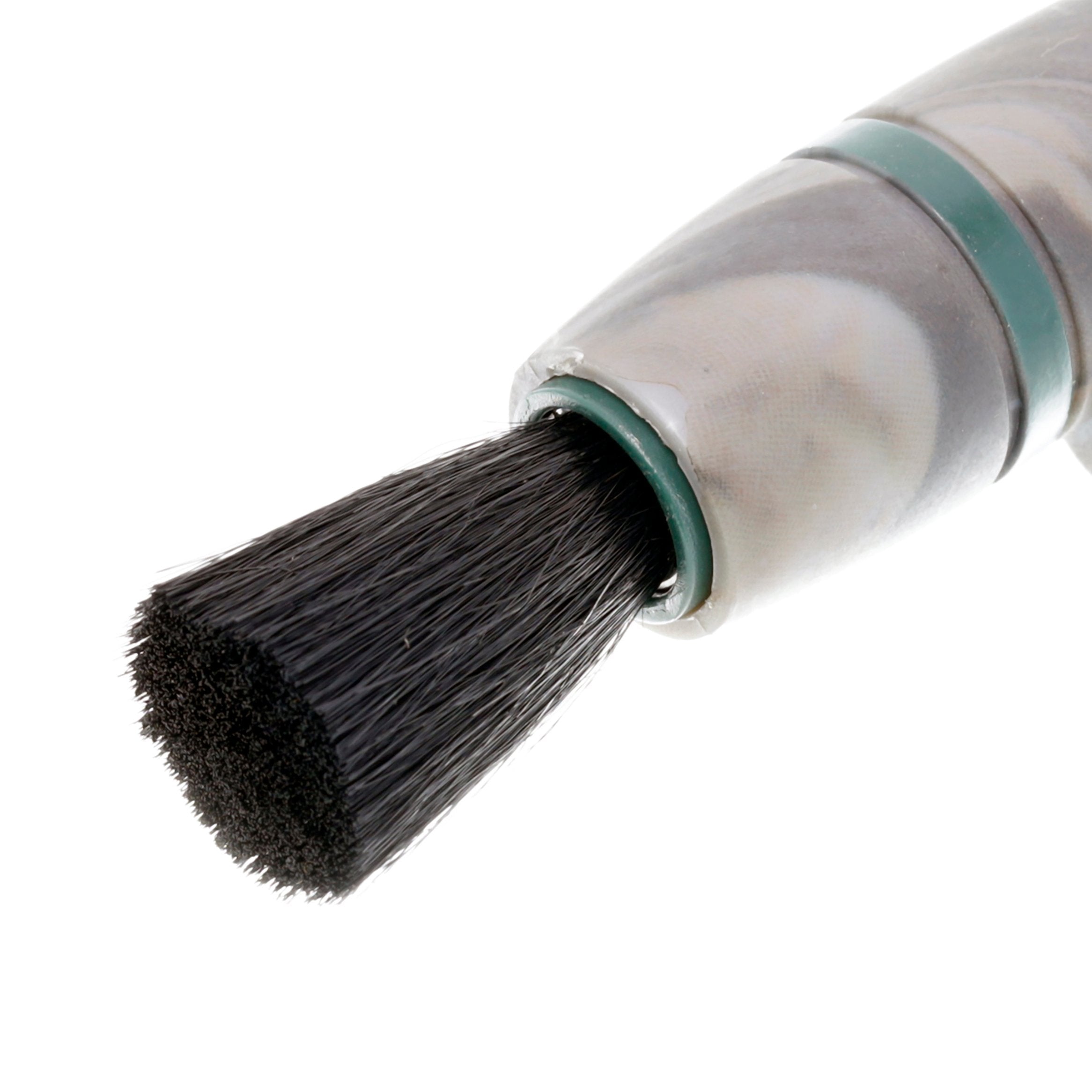 Close-up of a brush with a black bristle head and clear handle on a white background