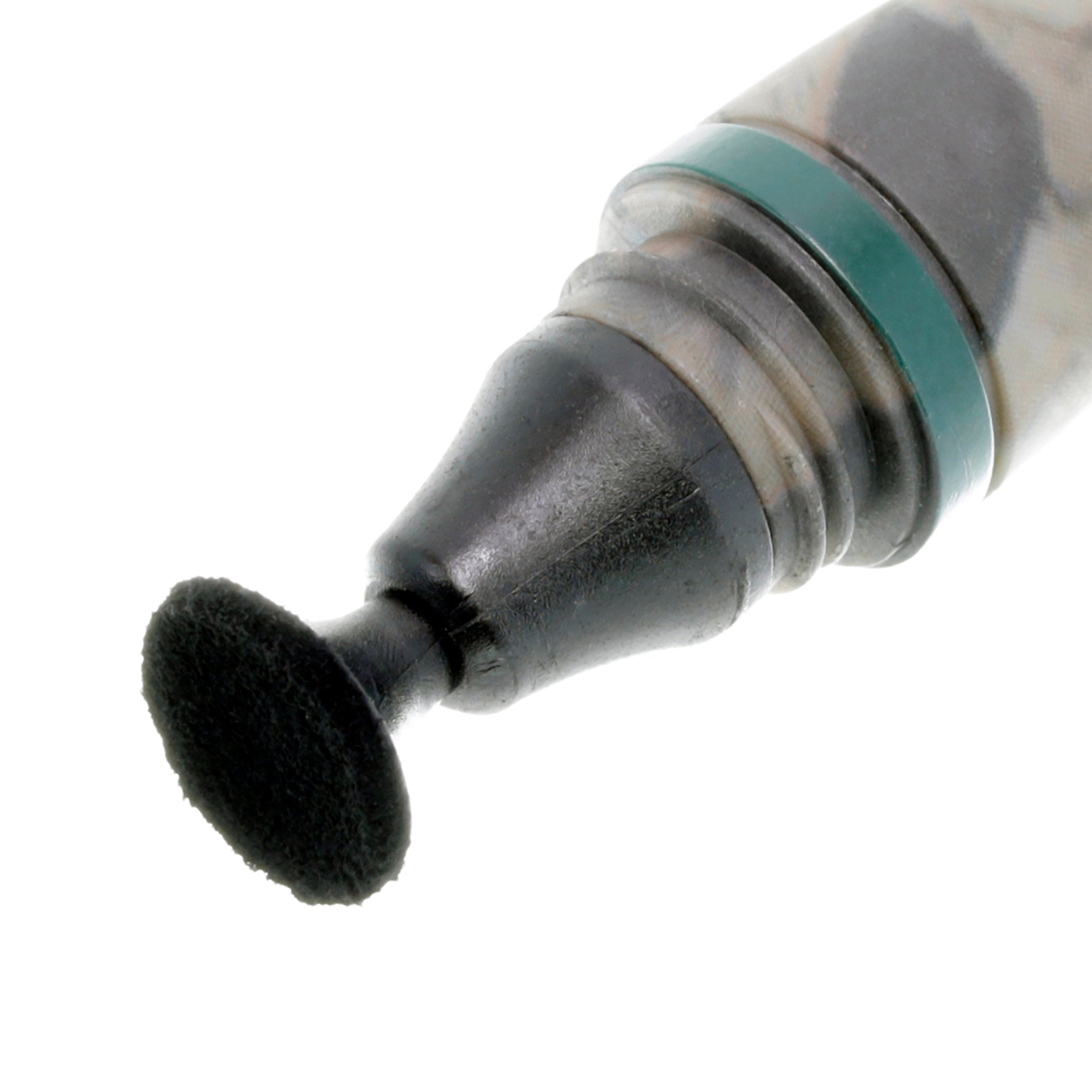 Close-up of a dental tool with a black brush head on a white background