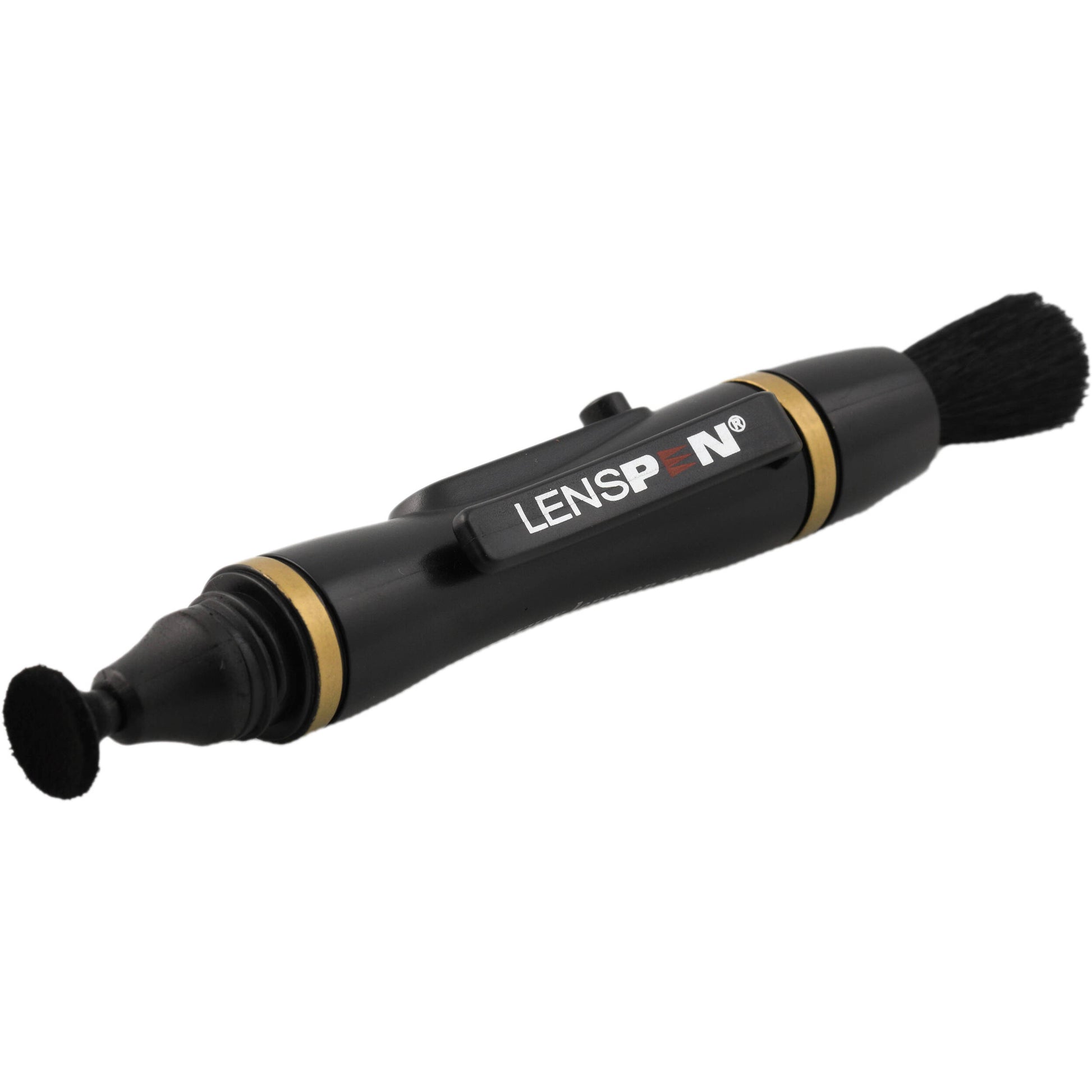 Black lens cleaning brush with 'LENSPEN' branding on a white background