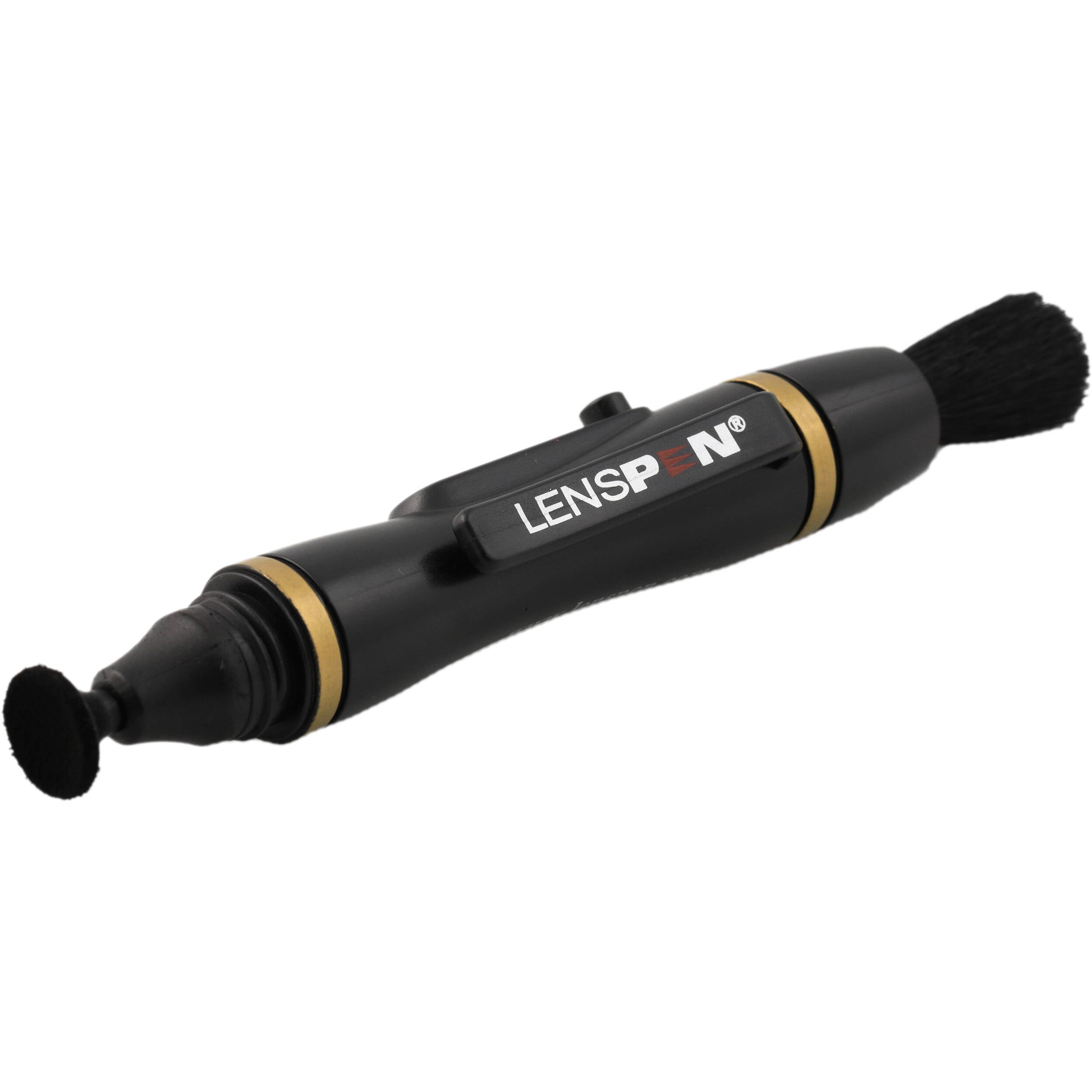 Black lens cleaning brush with 'LENSPEN' branding on a white background