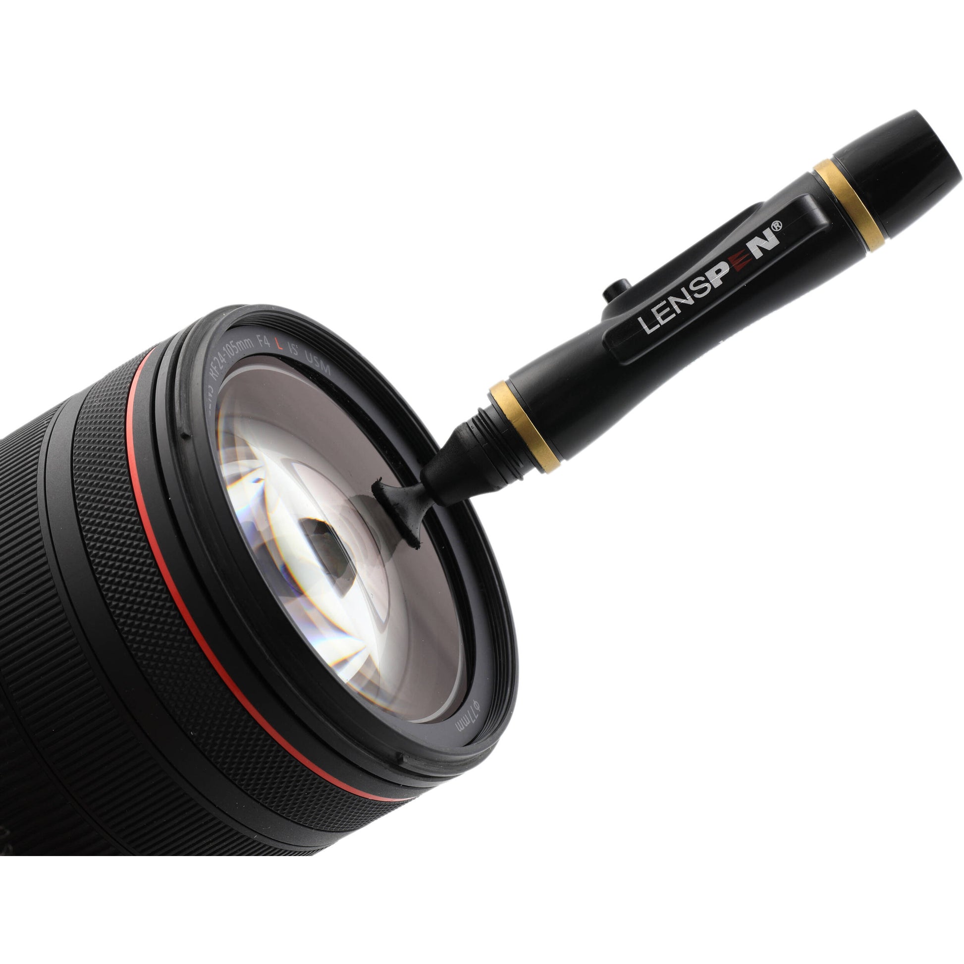 Camera lens with a cleaning tool labeled 'LENSP' on a white background