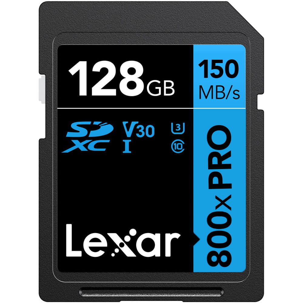 Lexar 128GB SDXC memory card with specifications on a white background
