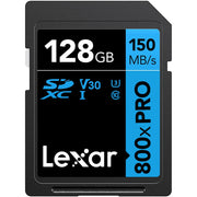 Lexar 128GB SDXC memory card with specifications on a white background
