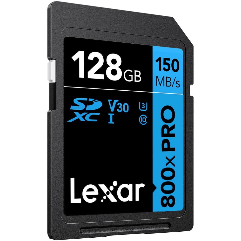 Lexar 128GB SDXC U3 memory card on a white background
