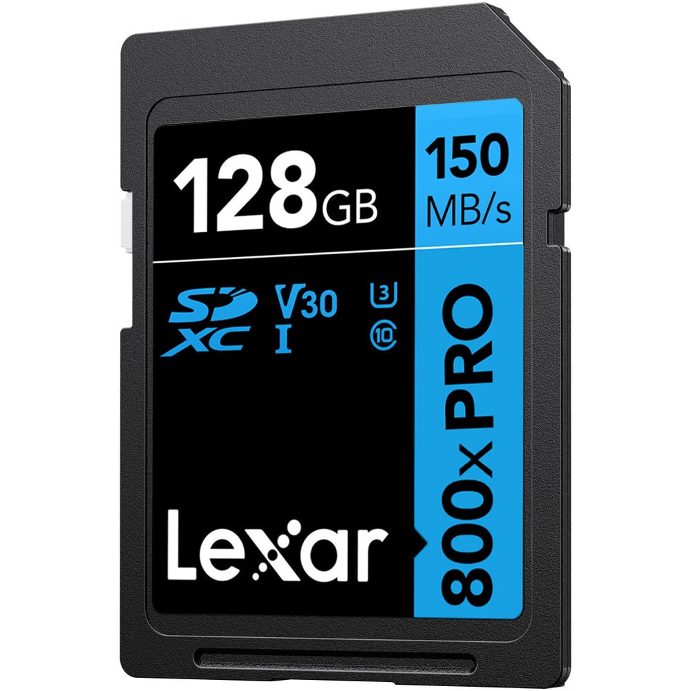 Lexar 128GB SDXC card with speed and specifications on a white background