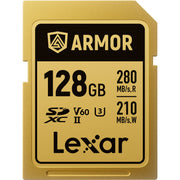 Lexar ARMOR GOLD SDXC UHS-II card with stainless steel build and V60 rating.