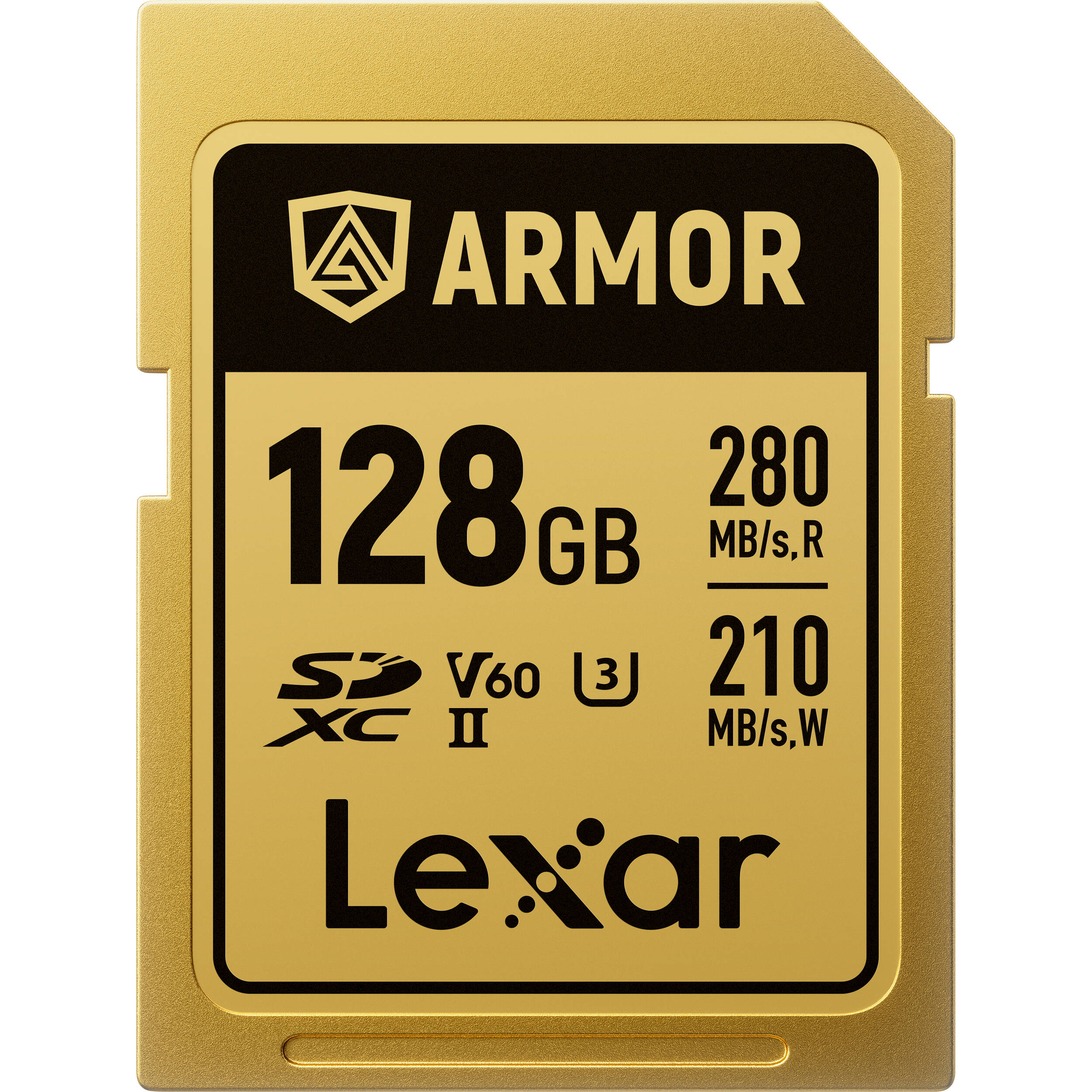 Lexar ARMOR GOLD SDXC UHS-II card with stainless steel build and V60 rating.