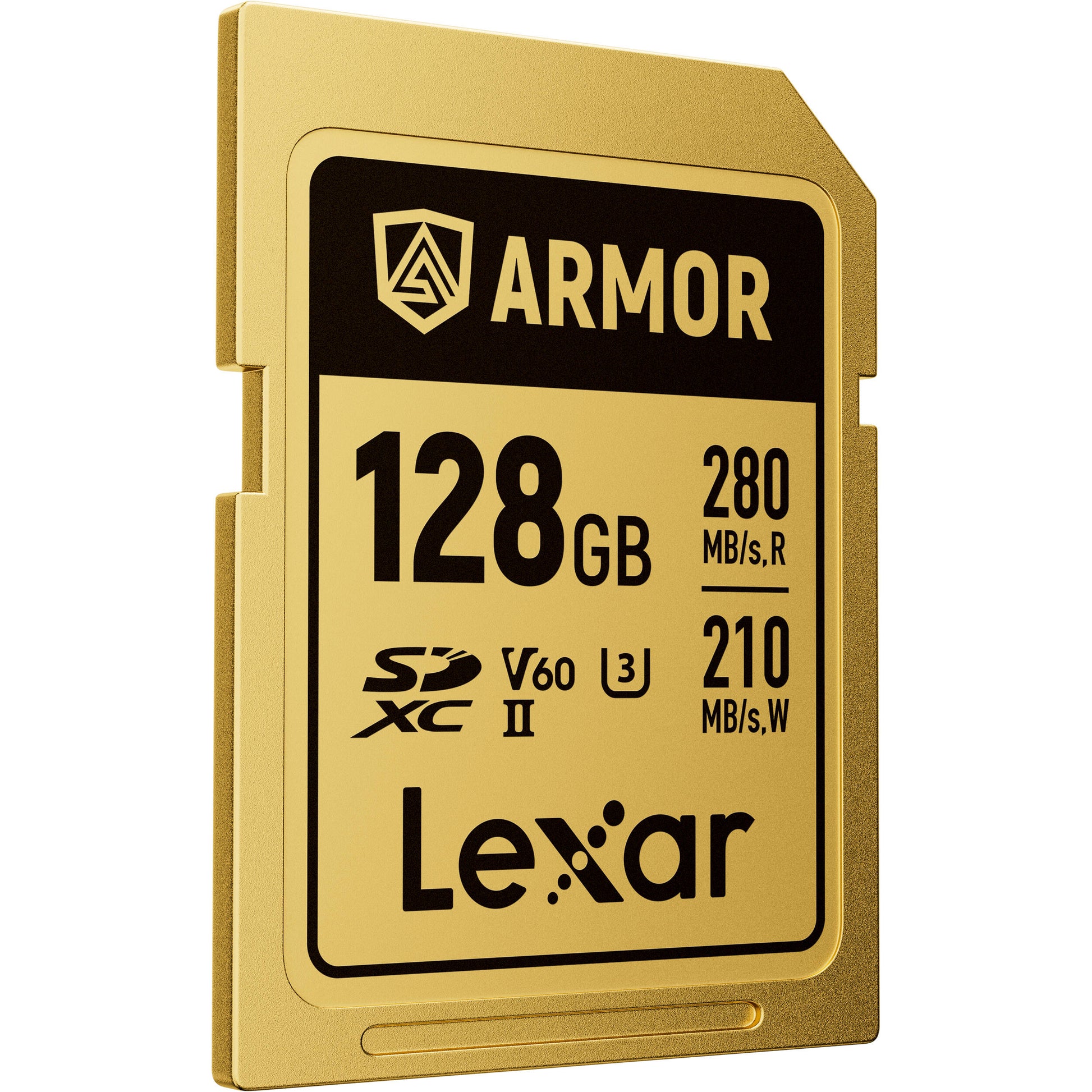 Lexar ARMOR GOLD SDXC UHS-II card with stainless steel build and V60 rating.