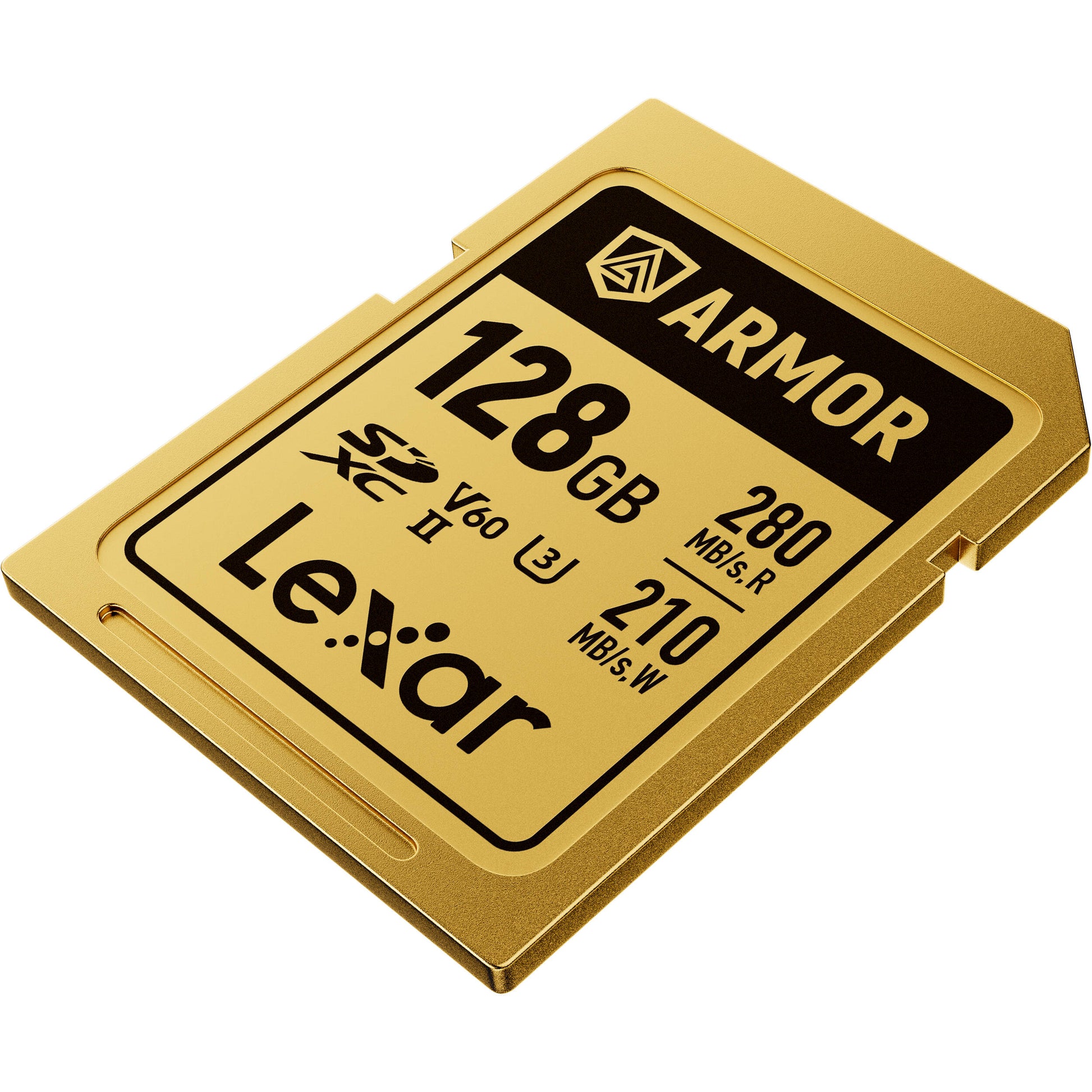 Lexar ARMOR GOLD SDXC UHS-II card with stainless steel build and V60 rating.