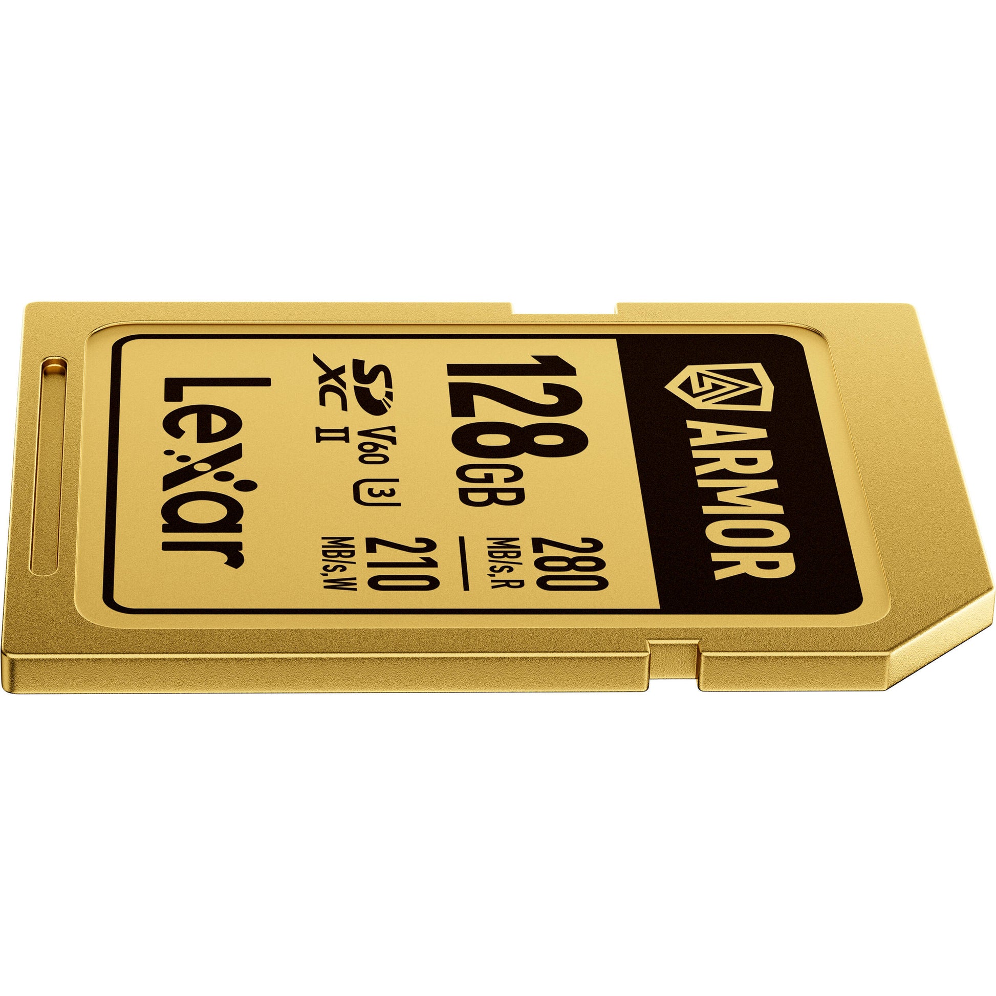 Lexar ARMOR GOLD SDXC UHS-II card with stainless steel build and V60 rating.