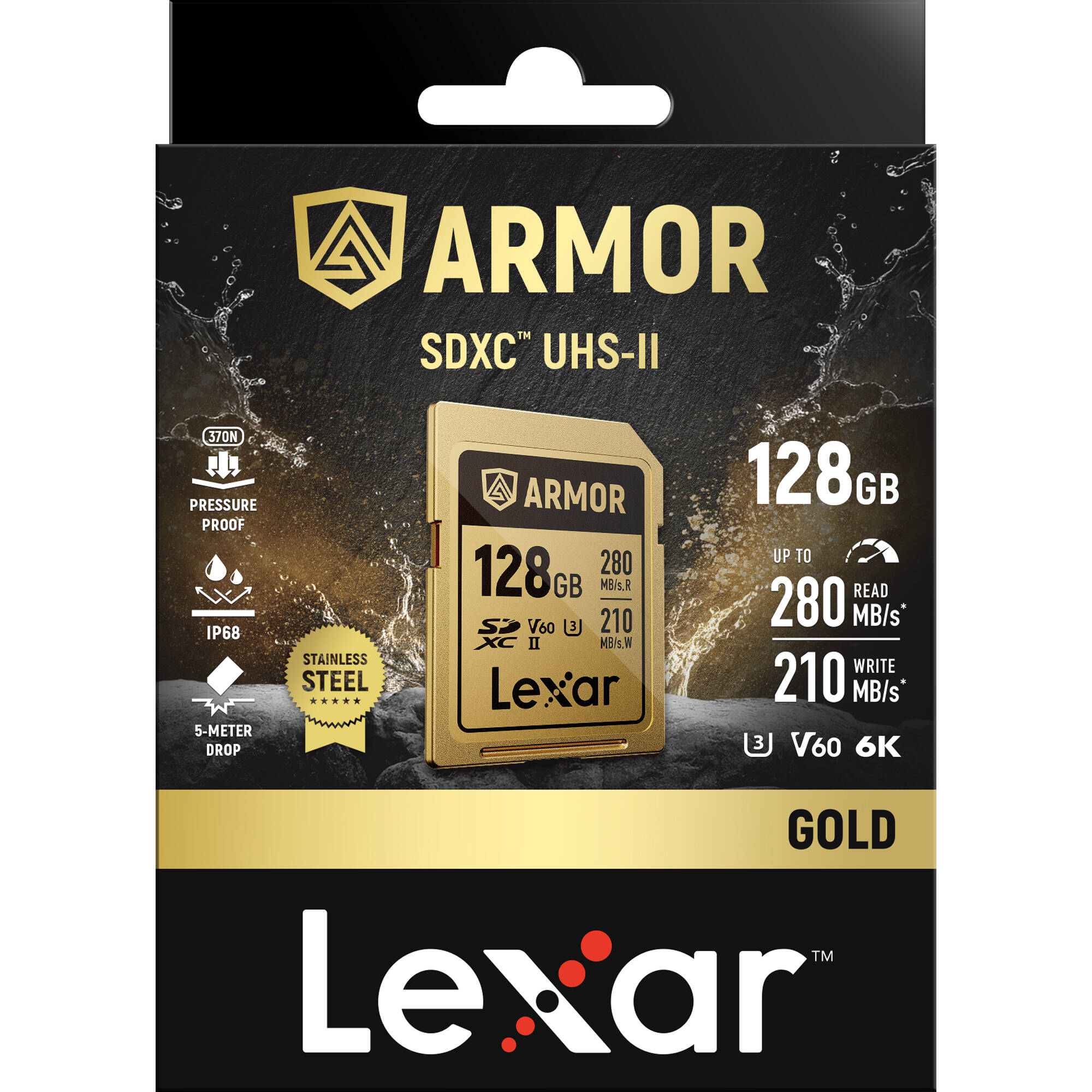 Lexar ARMOR GOLD SDXC UHS-II card with stainless steel build and V60 rating.