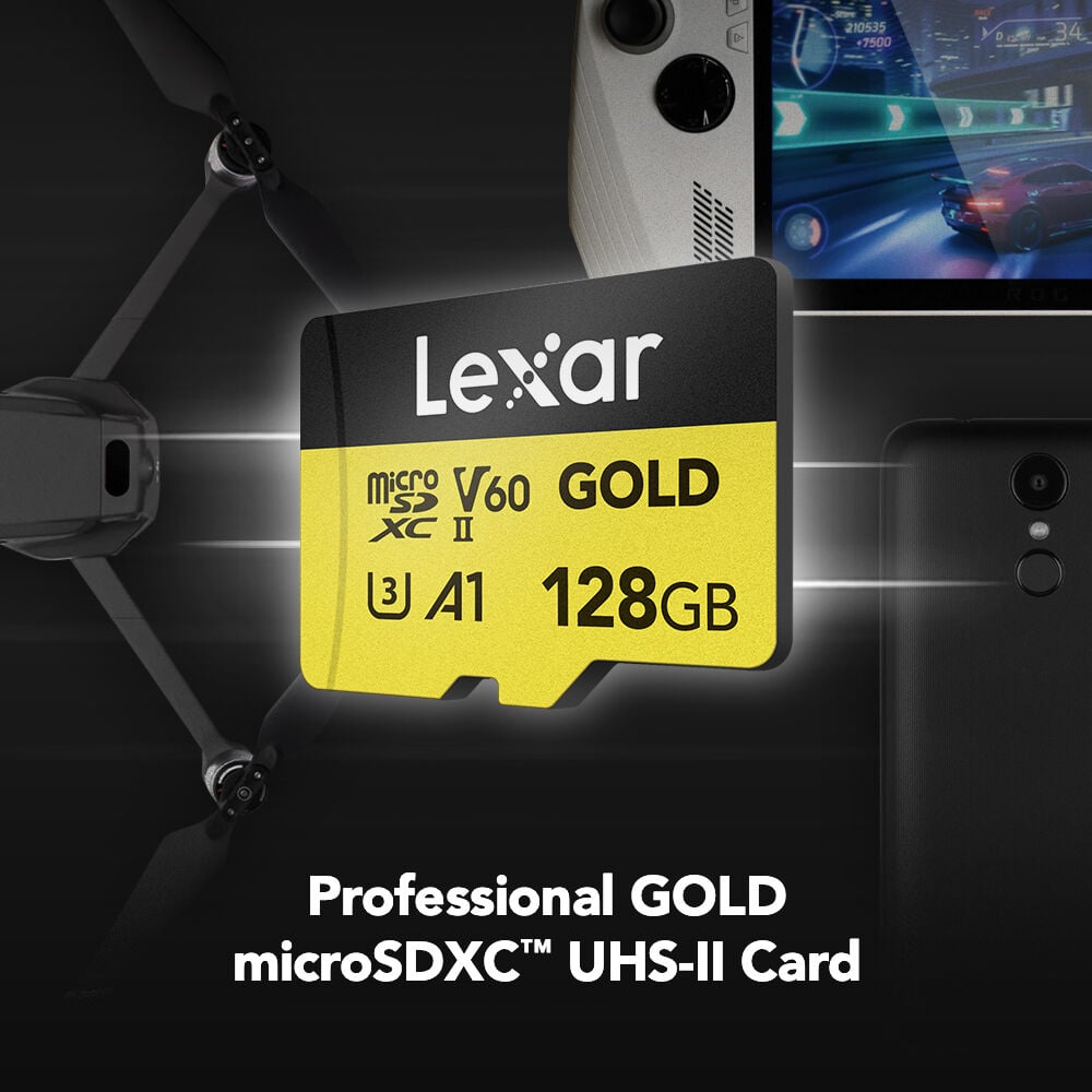 Lexar Professional Gold microSDXC UHS-II memory card for high-speed 4K video and photo capture.