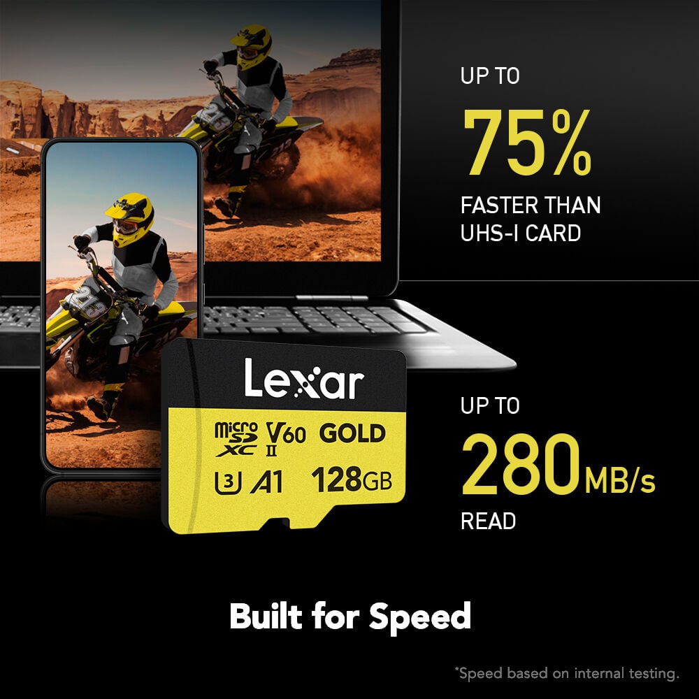 Lexar Professional Gold microSDXC UHS-II memory card for high-speed 4K video and photo capture.