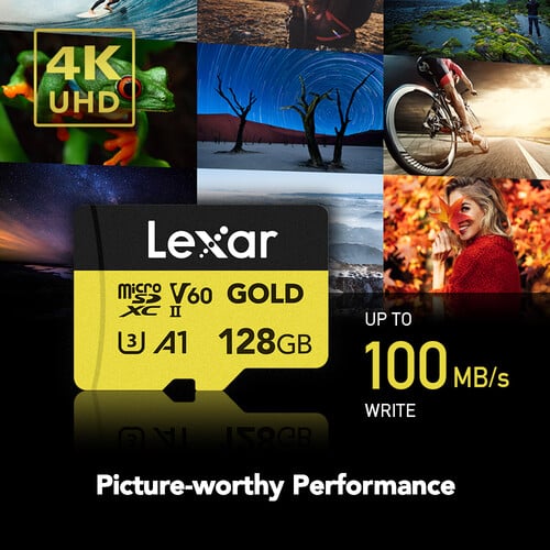 Lexar Professional Gold microSDXC UHS-II memory card for high-speed 4K video and photo capture.
