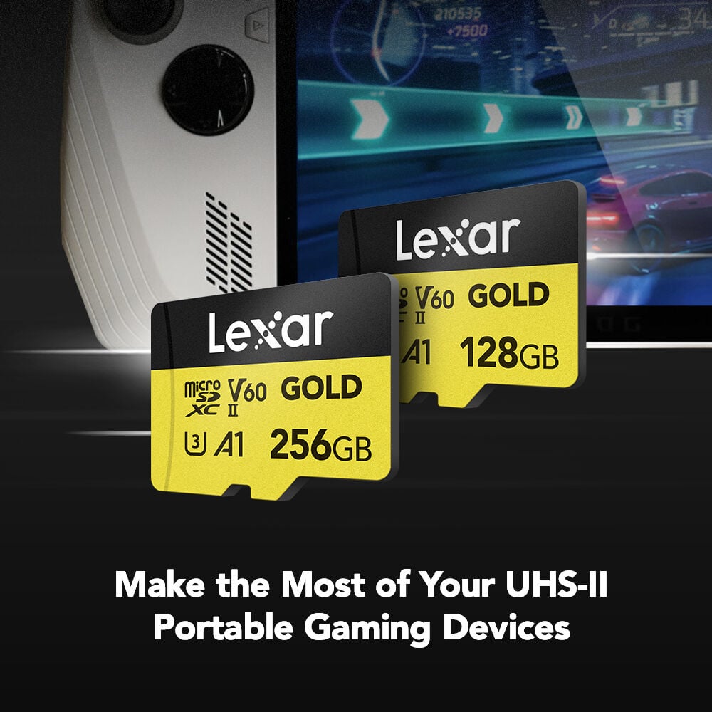 Lexar Professional Gold microSDXC UHS-II memory card for high-speed 4K video and photo capture.