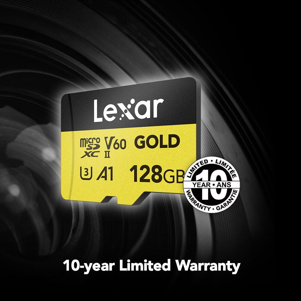 Lexar Professional Gold microSDXC UHS-II memory card for high-speed 4K video and photo capture.
