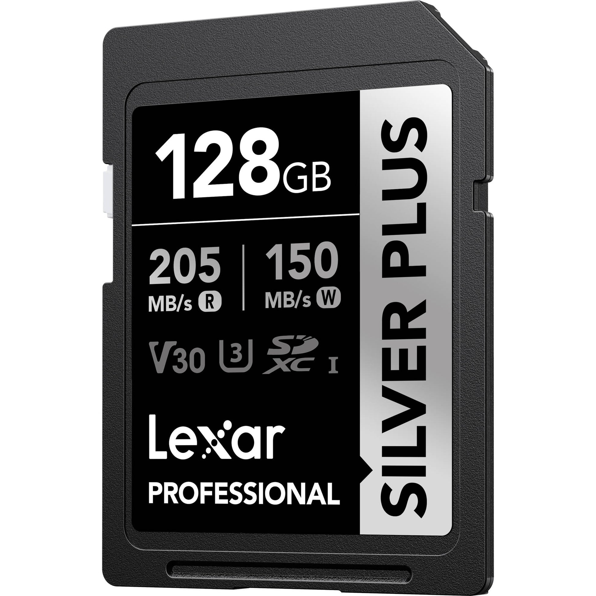 Lexar Professional Silver Plus 128GB SD card on a white background