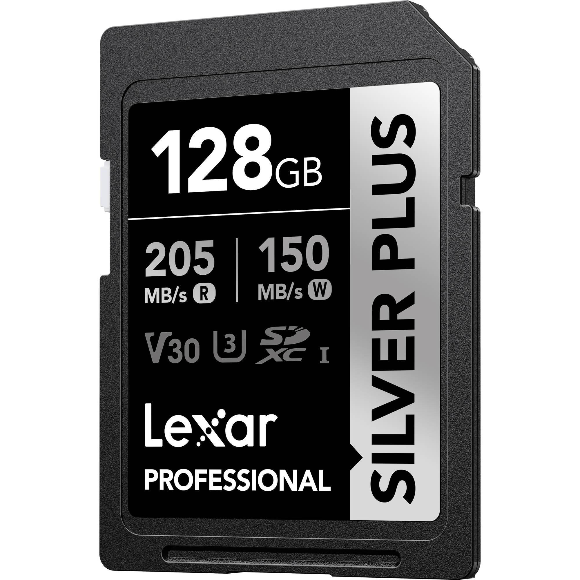 Lexar Professional Silver Plus 128GB SD card on a white background