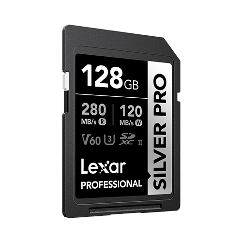 Lexar Professional Silver Pro 128GB SD card on a white background