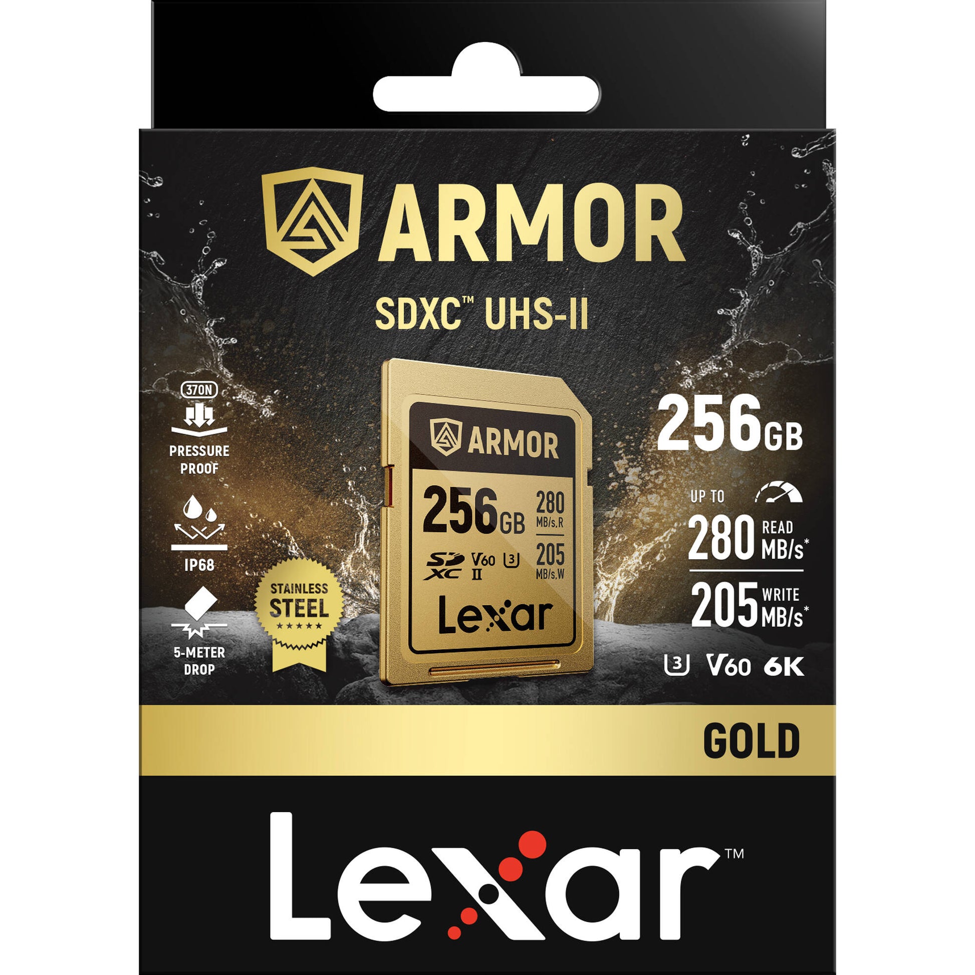 Rugged Lexar SD card with IP68 rating and 280MB/s read speed.
