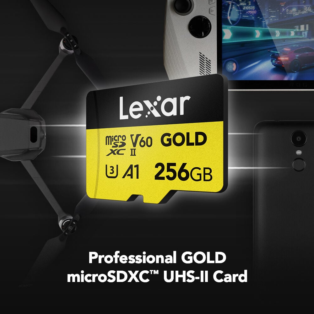 Lexar Professional Gold microSDXC UHS-II memory card for high-speed 4K video and photo capture.
