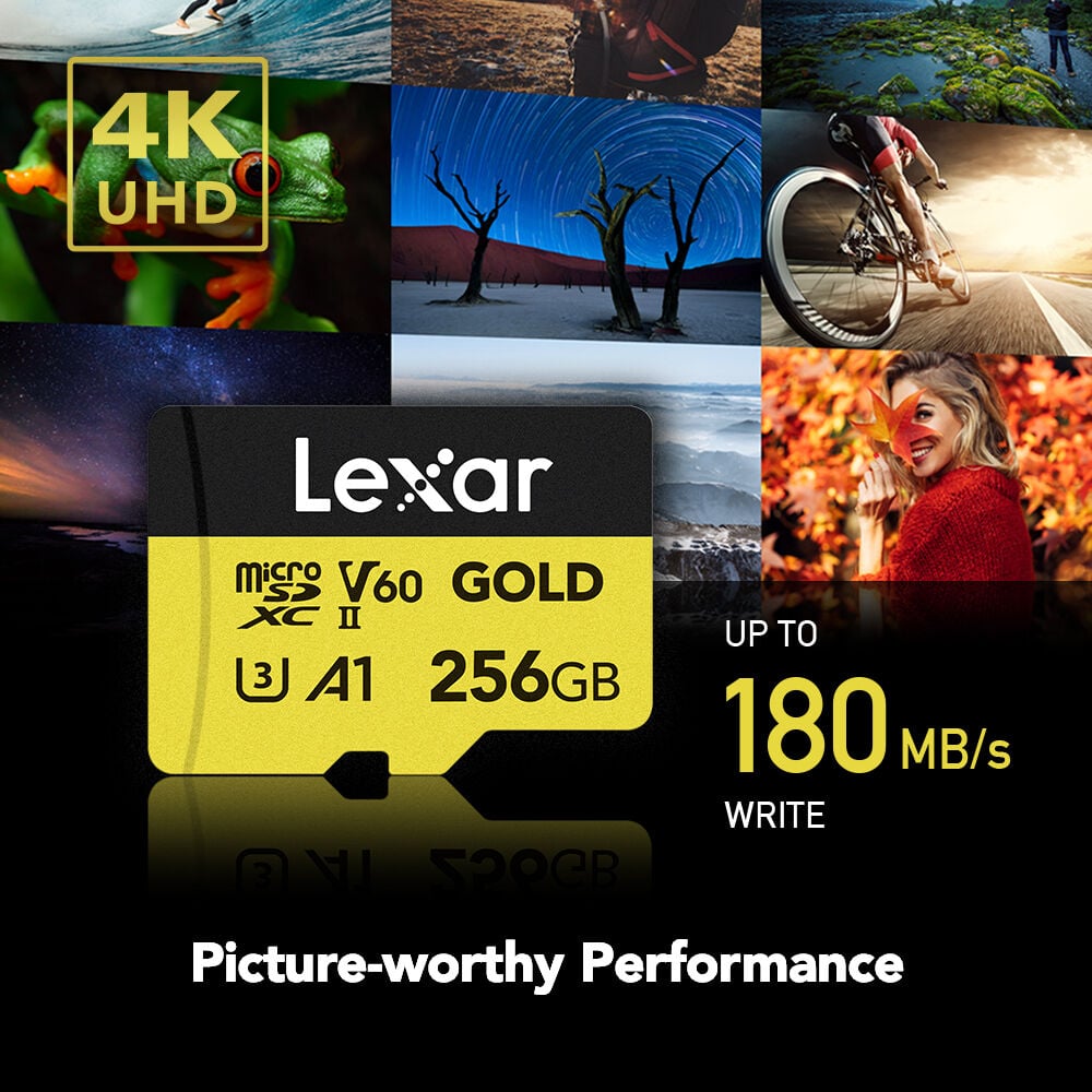 Lexar Professional Gold microSDXC UHS-II memory card for high-speed 4K video and photo capture.