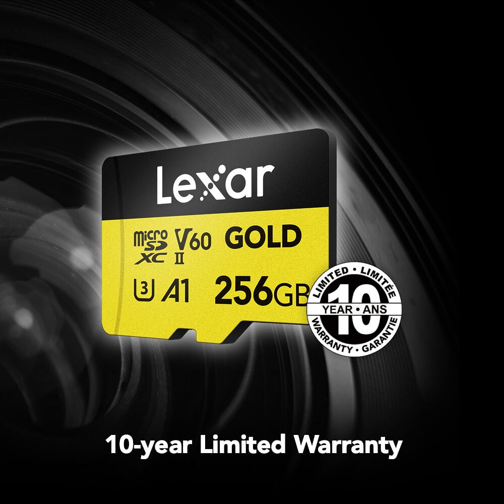 Lexar Professional Gold microSDXC UHS-II memory card for high-speed 4K video and photo capture.
