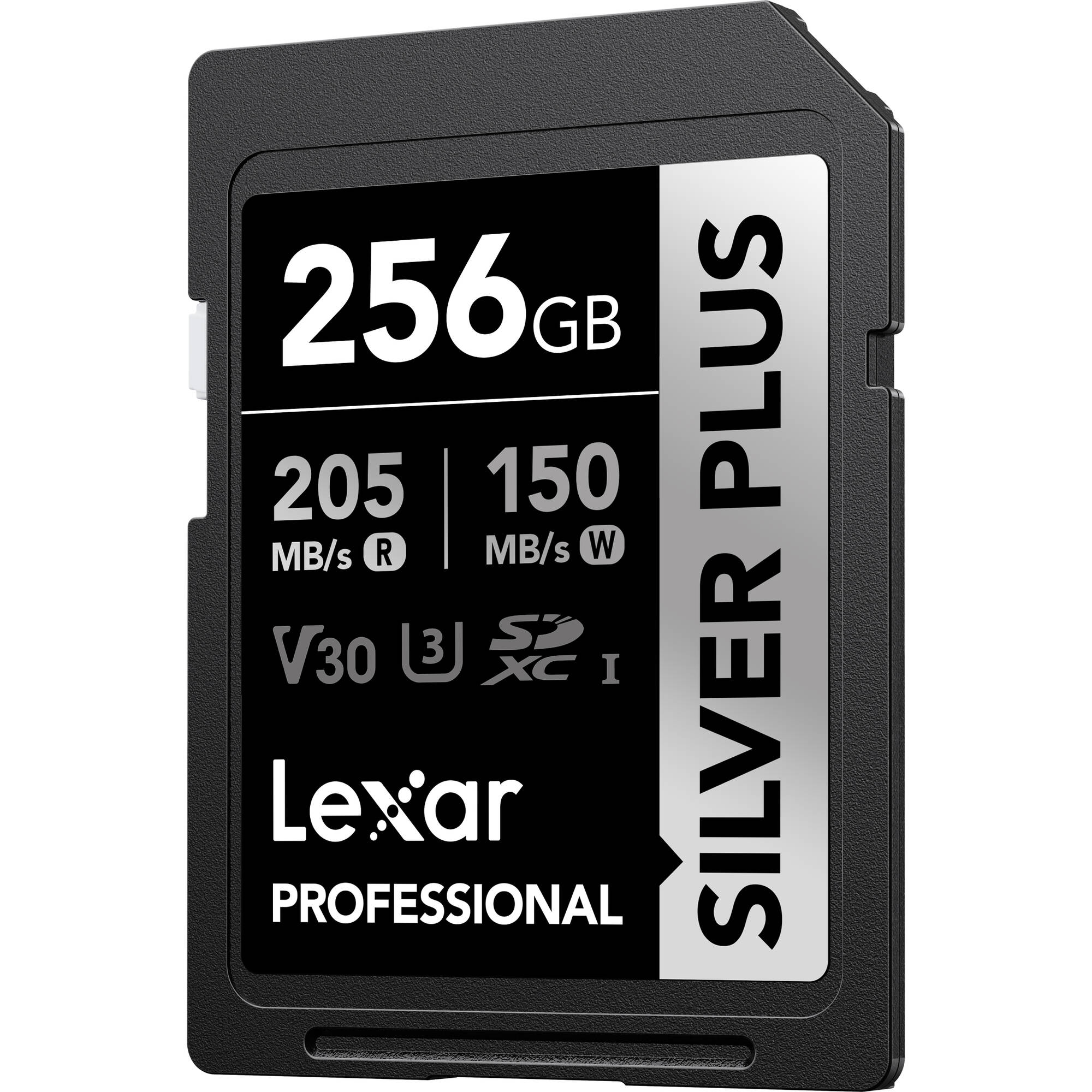 Lexar Professional Silver Plus 256GB SD card on a white background