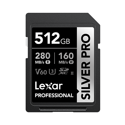 512GB Lexar Professional Silver Pro SD card on a white background