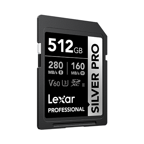 Lexar Professional Silver Pro 512GB SD card on a white background