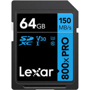 Lexar 64GB SDXC memory card with specifications on a white background